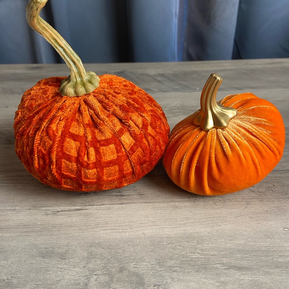 2 Orange Crushed Velvet Stuffed Pumpkins- Fabric‎ Stuffed Pumpkins Fall Decor